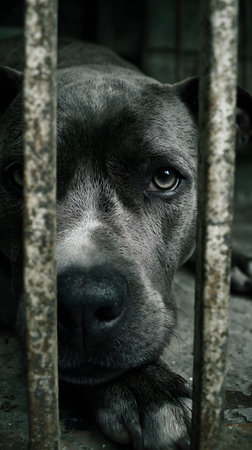 A dramatic and somber portrait of a dark-furred dog with a sad and melancholic gauze, looking through rusty metal bars, suggesting a shelter or captivity.の素材