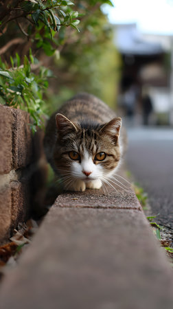 A white and brown tabby cat crouches in a hunting position at the edge of a brick sidewalk or curb. Its yellow eyes are focused and intense, with the street background blurred.の素材