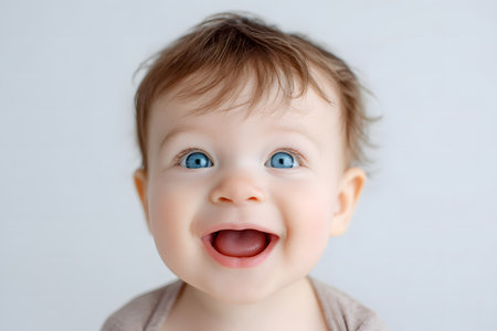 A close-up portrait of an adorable baby with brown hair and bright blue eyes, with an expression of pure joy and an open smile, against a light background.の素材