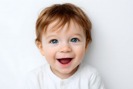 A close-up portrait of an adorable baby with brown hair and bright blue eyes, with an expression of pure joy and an open smile, against a light background.の素材
