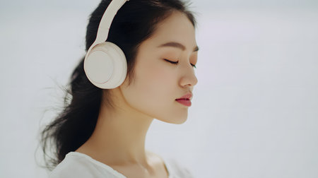 Close-up profile of a young Asian woman with dark hair, listening to music with white headphones. Her eyes are closed, conveying peace and immersion.の素材