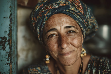 A vibrant and personality-filled portrait of a mature woman with freckles and a warm smile, wearing a colorful headscarf and large earrings, with an aged wall texture in the background.の素材