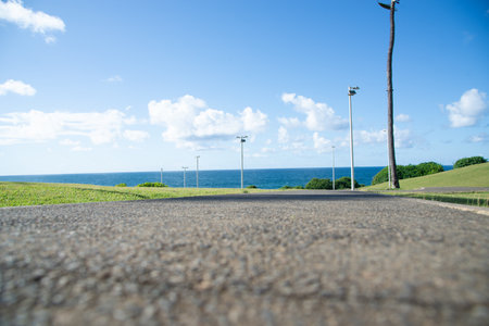 Lines of lighting poles on a beachfront lawn, overlooking the vast blue ocean and the horizon under...