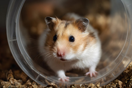 Close-up of a golden hamster inside a transparent plastic tube in its cage. The hamster's face is in focus and it looks curious.の素材