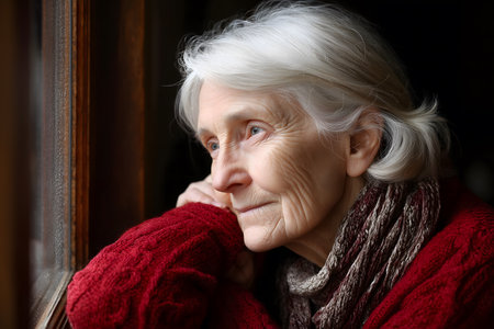 An emotional portrait of an elderly woman with white hair gazing thoughtfully out the window.の素材