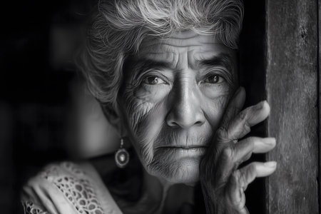 Artistic black and white portrait of an elderly woman, pensive and with wavy gray hair, leaning against the frame of a dark window.の素材