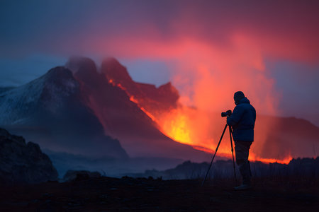 Silhouette of a photographer with a tripod observing a nighttime volcanic eruption, with incandescent lava flowing down the mountain in a cold setting.の素材
