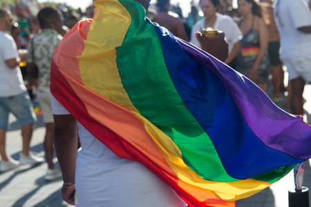 Salvador, Bahia, Brazil - September 14, 2025: Detail of the back of a person walking with an LGBTQIA+ pride flag during an event in Salvador, Bahia.のeditorial素材