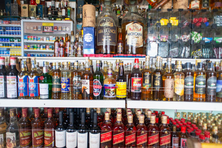 Salvador, Bahia, Brazil - December 8, 2025: View of shelves filled with bottles of alcoholic beverages in the Cachaca Museum. City of Salvador, Bahia.のeditorial素材
