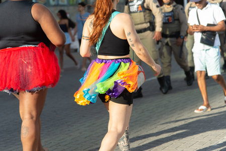 Salvador, Bahia, Brazil - September 14, 2025: Rear view of people walking on a boardwalk during an LGBT event in the city of Salvador, Bahia.のeditorial素材