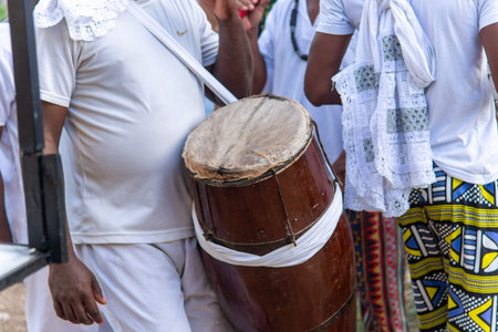 Itaparica, Bahia, Brazil - February 3, 2026: Members of a Candomble practitioner are seen with...