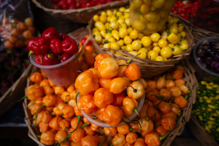 Various types of colorful peppers displayed in straw baskets and plastic pots at a popular market....