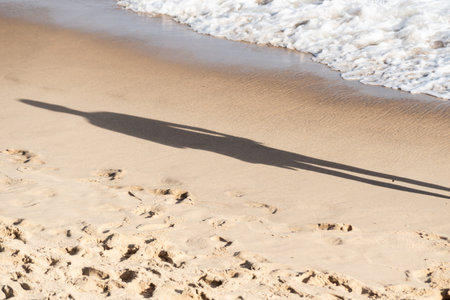 An elongated shadow projected onto the wet sand near the foam of the ocean waves.