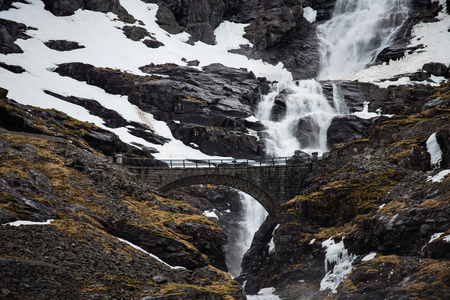 Bridge over a quick mountain riverの写真素材