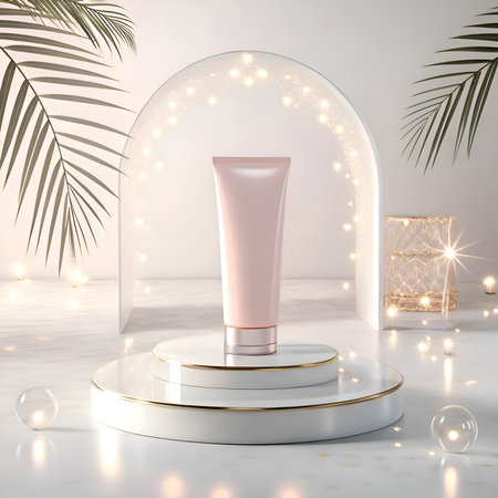 3D rendering of cosmetic product on podium with bokeh lightsの素材