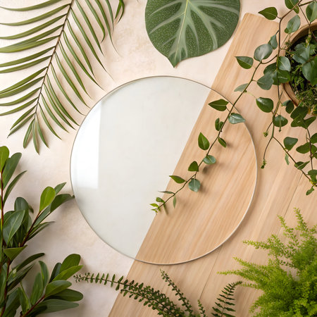 Top view of round wooden plate and green plants on wooden background.の素材