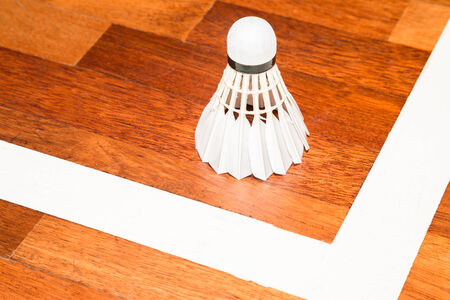 Shuttlecock next to court lineの写真素材