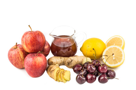 Common home remedy to treat gout inflammation - Cherries, Lemon Juice, Apple Cider Vinegar, Ginger Rootsの写真素材
