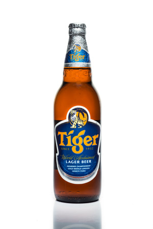 SINGAPORE, February 24, 2015: Tiger Beer accounted for 29% of total volume share of the Singapore beer market.  Tiger Beer is a brand of Asia Pacific Breweries Ltd, Singapore.のeditorial素材