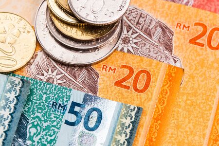 Closeup of Malaysia Ringgit currency notes and coinsの写真素材