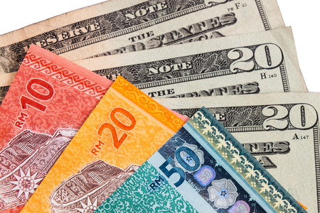 Closeup of Malaysia Ringgit and American US Dollarの写真素材