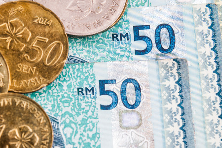 Closeup of Malaysia Ringgit currency notes and coinsの写真素材