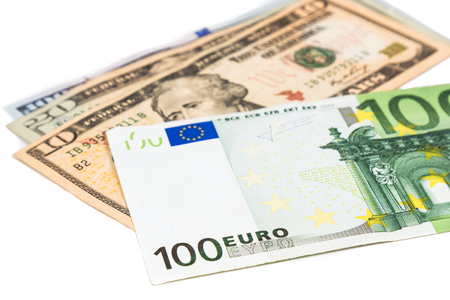 Close up of Euro currency note against US Dollar.の写真素材