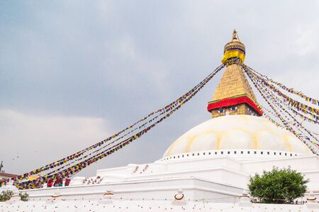 Closeup on Boudhanath Stupa, one of the largest spherical stupas in Nepal and is a popular tourist attractionの写真素材
