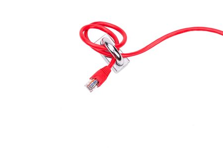 Concept of computer network security with padlock over network cable on white background