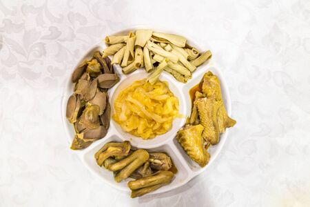 Chinese goose web feet, intestine, gizzard and seaweed traditional delicacy platter