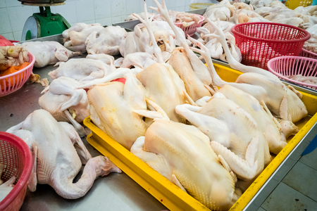 Vendor selling freshly slaughtered whole chicken in market stall in Asiaの写真素材