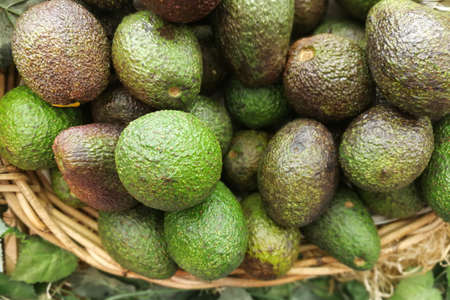 Whole fresh avocado on basket for sale in retail supermarket