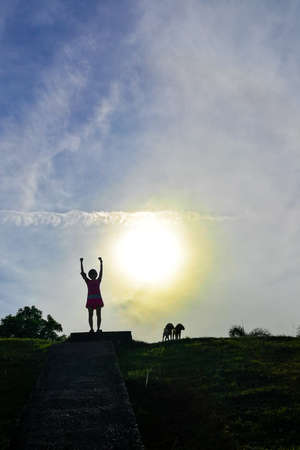 Silhouette woman with dogs hiker raises hands on hill peak against blue sky and sun, signify successの写真素材