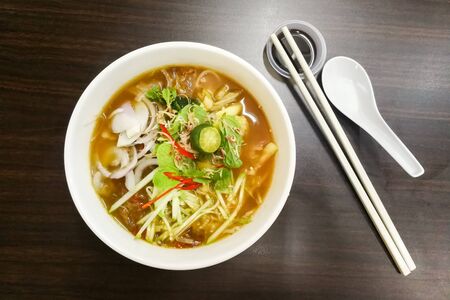 Penang Asam Laksa with prawn paste and lime, popular Malaysian cuisine