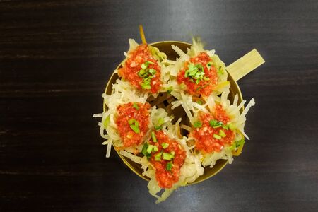 Popular Penang Nyonya food called Pai Tee or Top Hat served on wooden bowlの写真素材