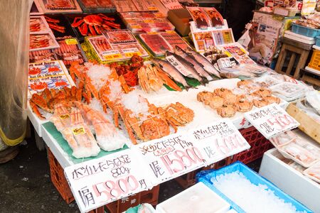 Hakodate, Japan, January 28, 2018: Fresh seefood and produce retail market is tourist attraction during winter in Hokkaido, Japanのeditorial素材