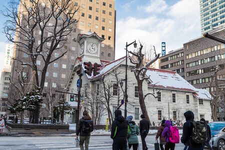 Sapporo, Japan, January 2, 2018: Sapporo Clock Tower is a wooden structure and tourist attraction. The iconic wooden clock tower now houses a museum on the history of Sapporo.のeditorial素材