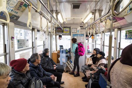 Hakodate, Japan, January 28, 2018: Trams are the main transportation mode for sightseeing in Hakodate.  Covers main tourist spots.のeditorial素材