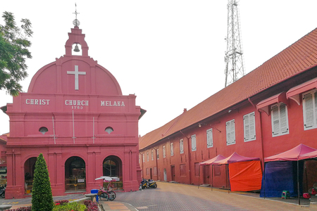 Malacca, Malaysia, April 8, 2018: Malacca city is awarded the UNESCO World Heritage City status with rich history. Featured here is Dutch Square, popular tourism destination with historic red color buildingsのeditorial素材