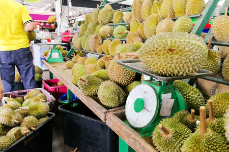 Varienty of durian displayed and sold in Malaysa stall including musang king