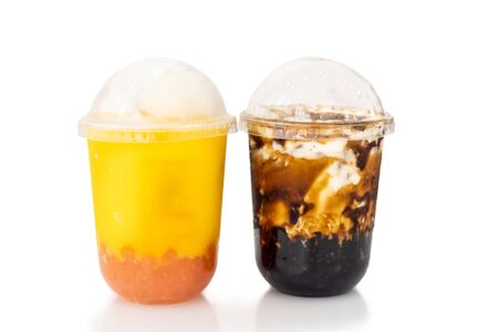Variety of Boba or Bubble tea with tapioca pearls on white backgroundの写真素材