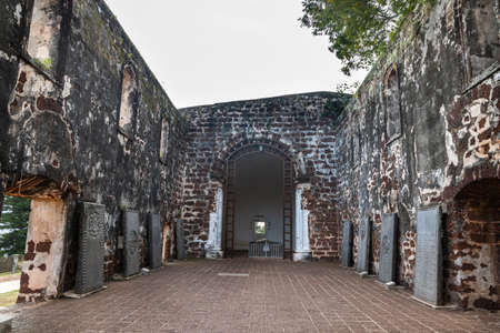 Portuguese historic ruins of Saint Paul Church with tombstone is Malacca popular tourist destination. No people.の写真素材