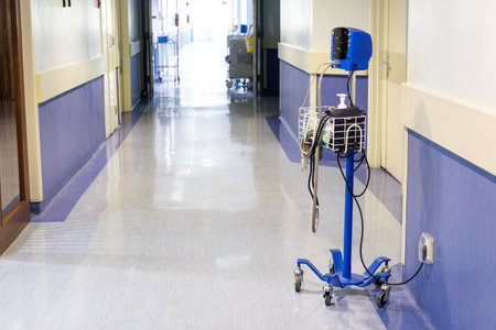 Mobile health diagnostic machine to check blood pressure and pulse at hospital ward corridorの写真素材