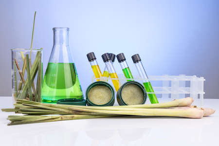 Natural mosquitoes repellent gel derived from lemongrass and other herbs with test tubes and beaker as prop in laboratoryの写真素材