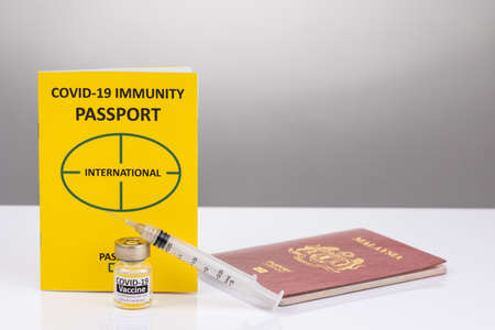 Concept of Covid-19 Immunity Passport for travel with vial and syringeの写真素材