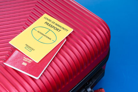 Conceptual Covid-19 Immune Travel Passport with other travel document on luggage bagの写真素材