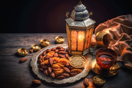 Muslim iftar breaking fast with dried dates, nuts and sweet drinks, with lantern lamp as decoration on wooden table. Created with Generative AI technology.の素材