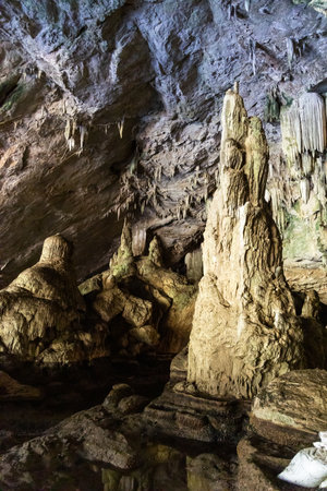 Popular tourist attraction Tham Nam Lod caves in Mae Hong Son province Thailand offers beautiful stalagmite and stalactite formation in its large chamberの写真素材