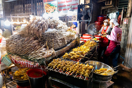 Variety of fresh seafood at street stall night market in Bangkok China Town Thailandのeditorial素材
