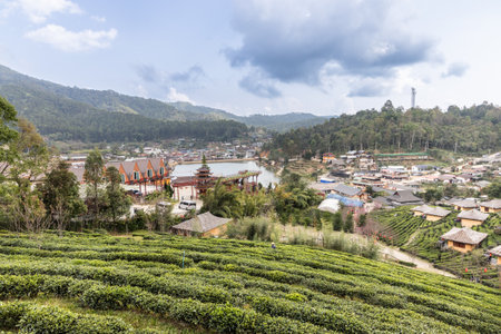 Ban Rak Thai is a beautiful village within Mae Hong Son province, Thailand, with scenic lake and stunning landscape. Popular tourist destination.の写真素材